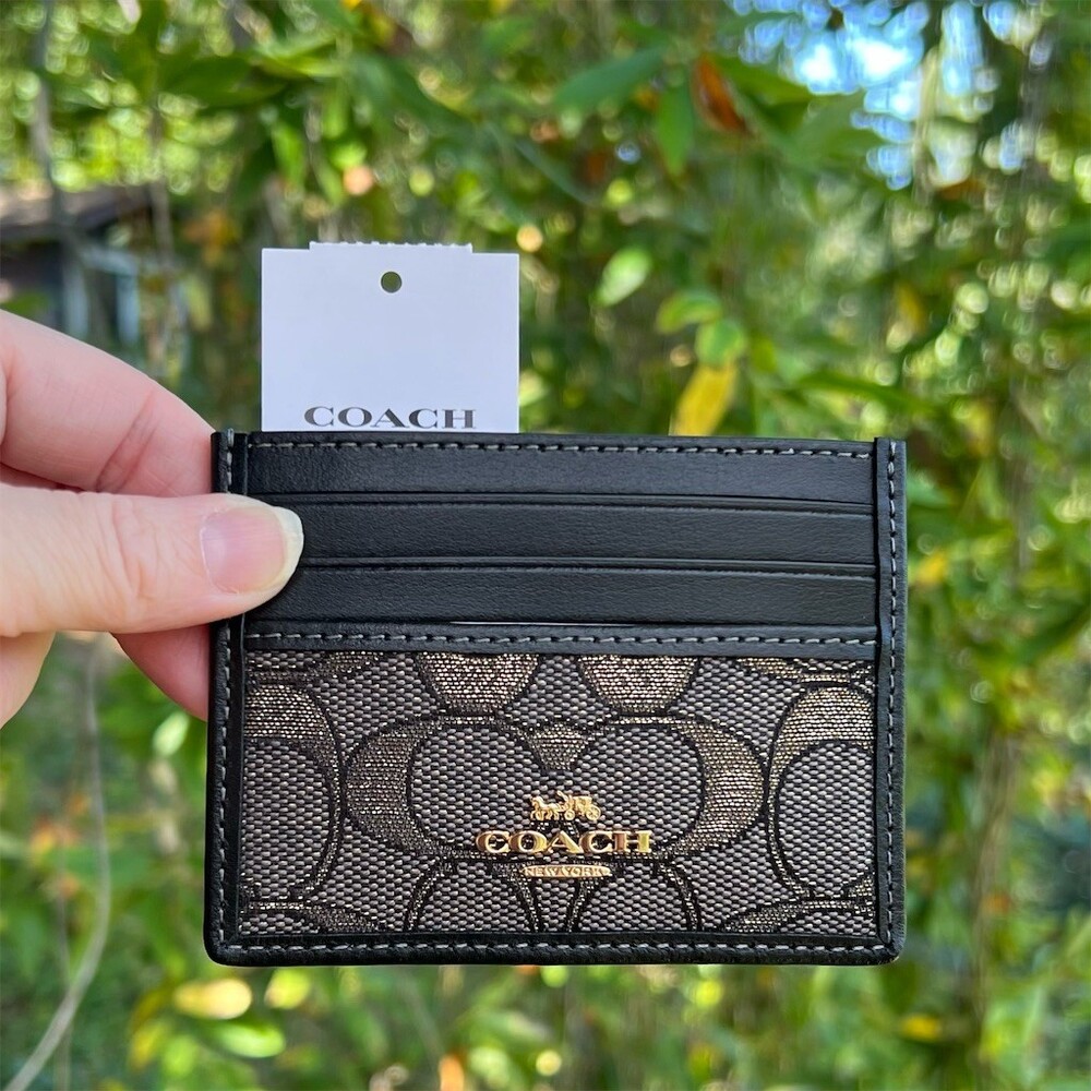 COACH Slim ID Card Holder Card Case Charcoal/Gold Metallic Signature Jacquard